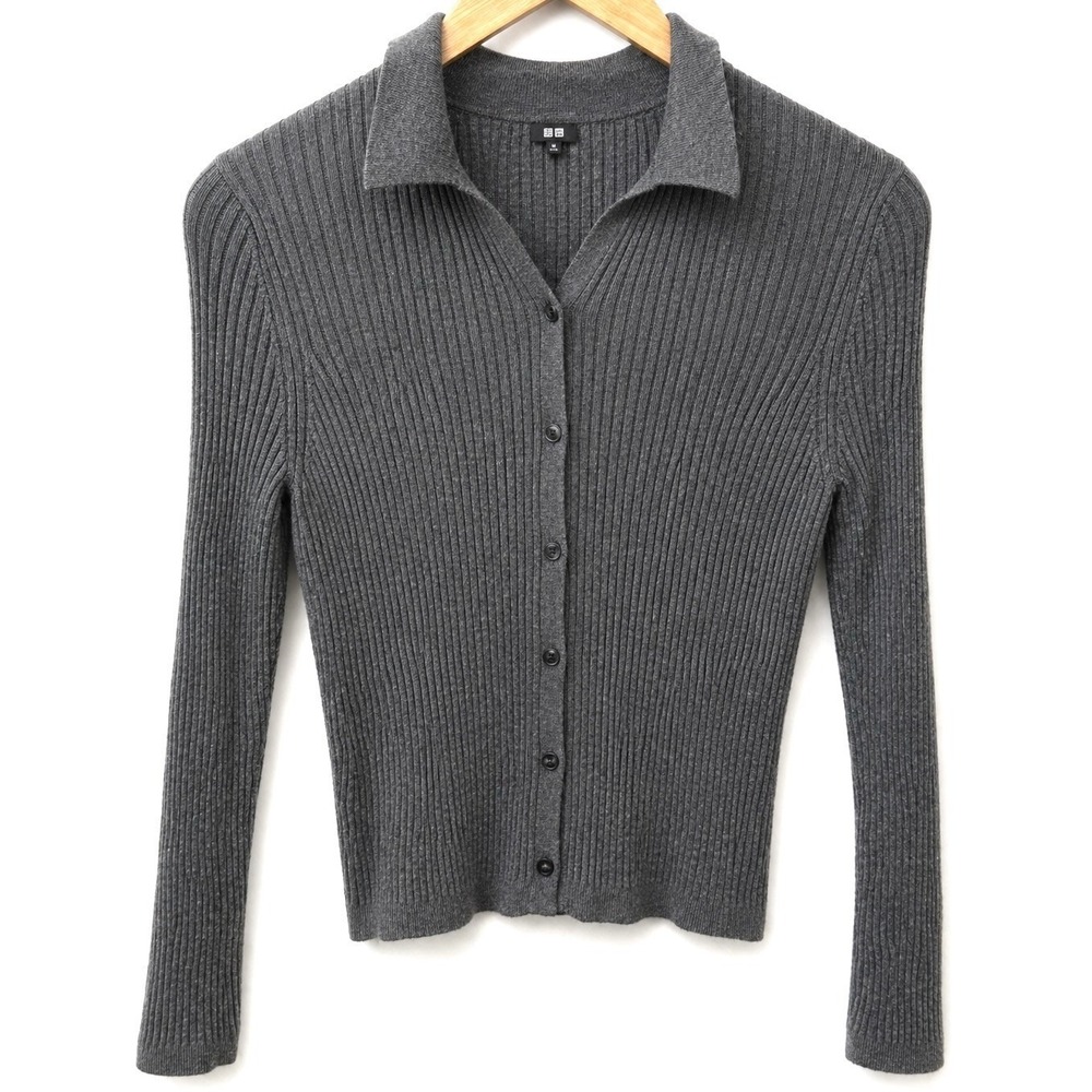 Uniqlo 100% Wool Ribbed Cardigan Gray Button Front Sweater S Classic